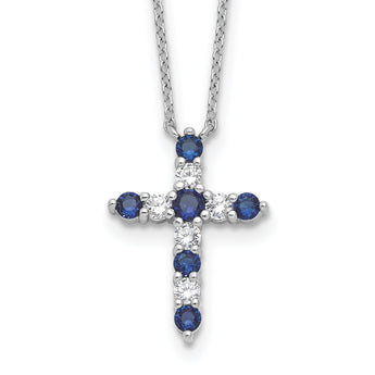SS RH-plated Dark Blue CZ Sept Birthstone Cross w/2in ext Necklace