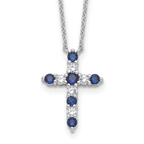 SS RH-plated Dark Blue CZ Sept Birthstone Cross w/2in ext Necklace