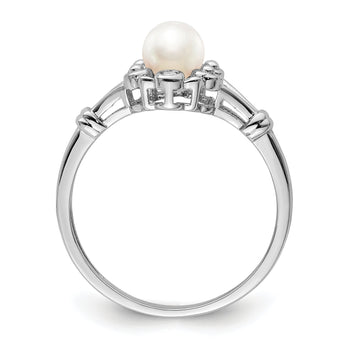 Sterling Silver Rhodium-plated Fresh Water Cultured Pearl & Diamond Ring