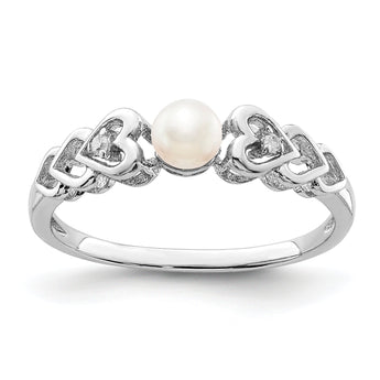 Sterling Silver Rhodium-plated Fresh Water Cultured Pearl & Diamond Ring