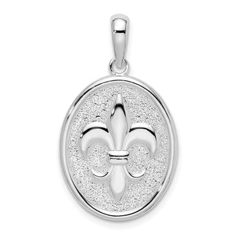 De-Ani Sterling Silver Rhodium-Plated Polished and Textured Fleur de Lis Oval Pendant