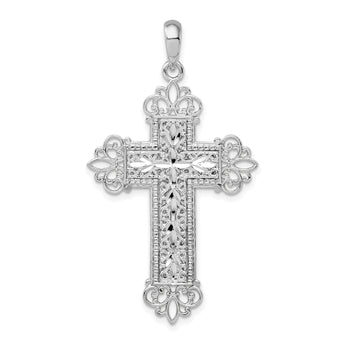 De-Ani Sterling Silver Rhodium-Plated Diamond-Cut Filigree Fleur de Lis Cross Pendant