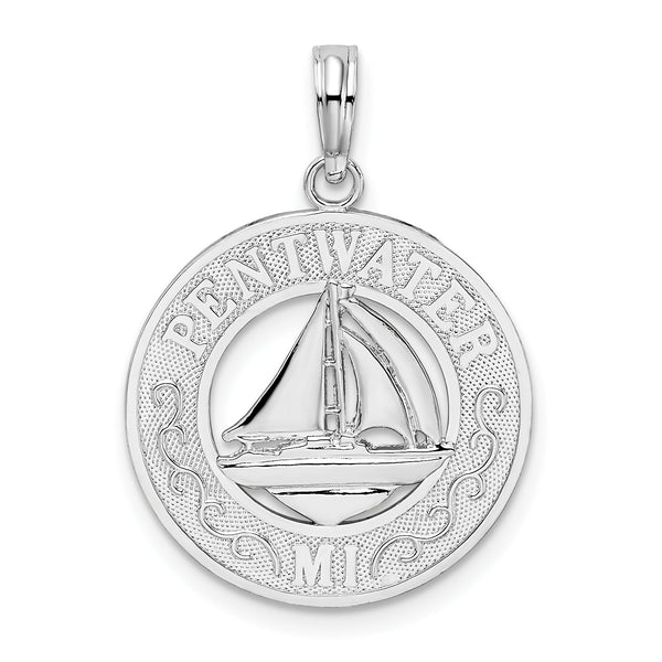 De-Ani Sterling Silver Rhodium-Plated Pentwater Michigan Circle with Sailboat Pendant