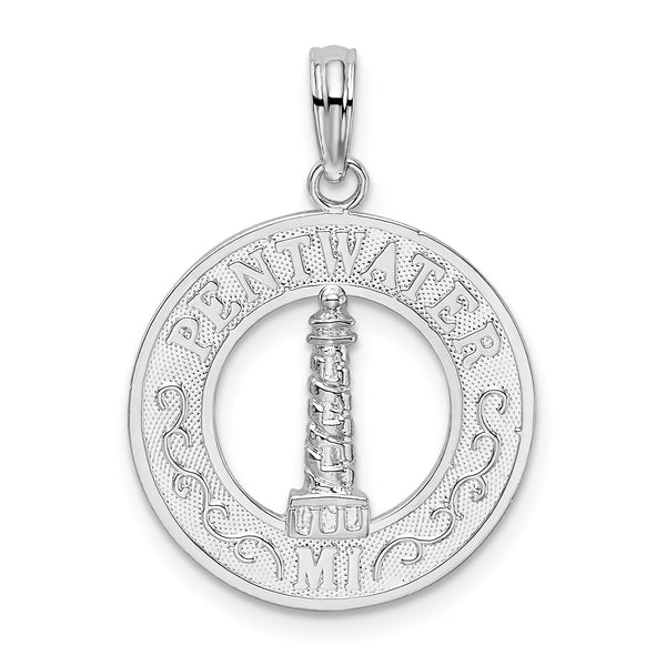 De-Ani Sterling Silver Rhodium-Plated Pentwater Michigan Circle with Lighthouse Pendant