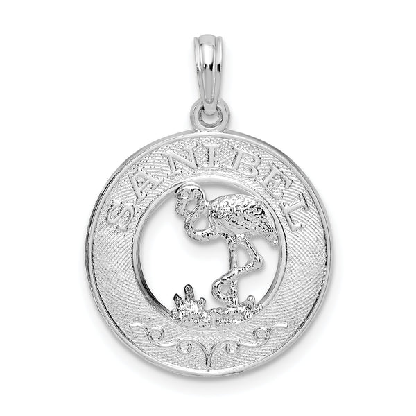 De-Ani Sterling Silver Rhodium-Plated Polished Sanibel Circle with Flamingo Pendant