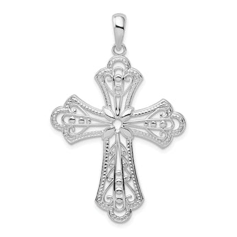 De-Ani Sterling Silver Polished Filigree Bead Edge Fleur de Lis Cross Pendant