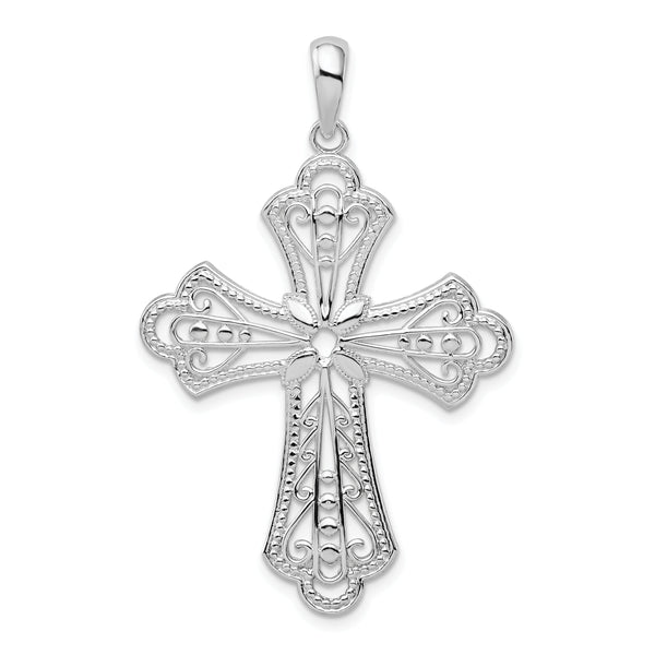 De-Ani Sterling Silver Polished Filigree Bead Edge Fleur de Lis Cross Pendant