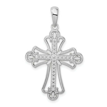 De-Ani Sterling Silver Polished Beaded Fleur de Lis Cross Pendant