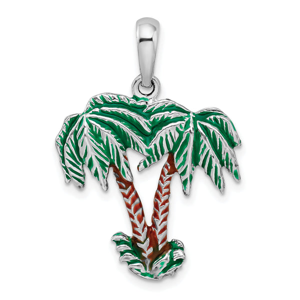 De-Ani Sterling Silver Rhodium-Plated Polished Enameled Palm Trees Pendant