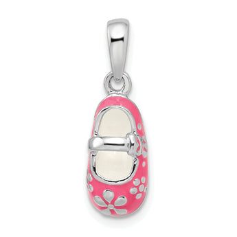 De-Ani Sterling Silver Rhodium-Plated 3D Pink Enameled Baby Shoe Pendant