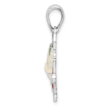 De-Ani Sterling Silver Rhodium-Plated Polished Enameled Bells and Holly Pendant