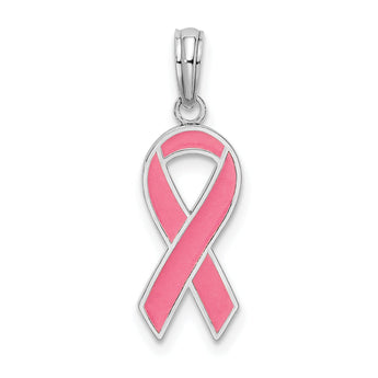 De-Ani Sterling Silver Rhodium-Plated Polished Enameled Pink Ribbon Pendant