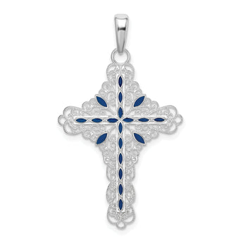 De-Ani Sterling Silver Rhodium-Plated Polished Enameled Filigree Cross Pendant