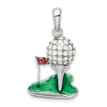 De-Ani Sterling Silver Rhodium-Plated Polished Enameled Golf Ball with Tee Pendant