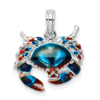 De-Ani Sterling Silver Rhodium-Plated Polished Enameled Blue Stone Crab Pendant