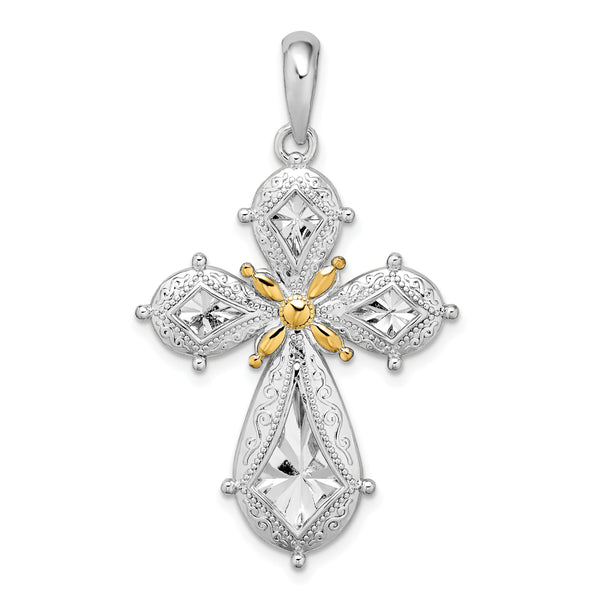 De-Ani Sterling Silver Rhodium-Plated Polished Filigree Cross with 14k Accent Pendant