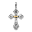 De-Ani Sterling Silver Rhodium-Plated Filigree Budded Cross with 14k Accent Pendant