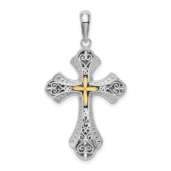 De-Ani Sterling Silver Rhodium-Plated Filigree Budded Cross with 14k Accent Pendant