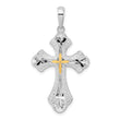 De-Ani Sterling Silver Rhodium-Plated Diamond-Cut Budded Cross with 14k Accent Pendant