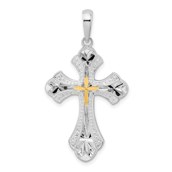 De-Ani Sterling Silver Rhodium-Plated Diamond-Cut Budded Cross with 14k Accent Pendant