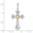 De-Ani Sterling Silver Rhodium-Plated Diamond-Cut Fleur de Lis Cross with 14k Accent Pendant