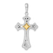 De-Ani Sterling Silver Rhodium-Plated Diamond-Cut Fleur de Lis Cross with 14k Accent Pendant