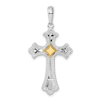 De-Ani Sterling Silver Rhodium-Plated Diamond-Cut Fleur de Lis Cross with 14k Accent Pendant