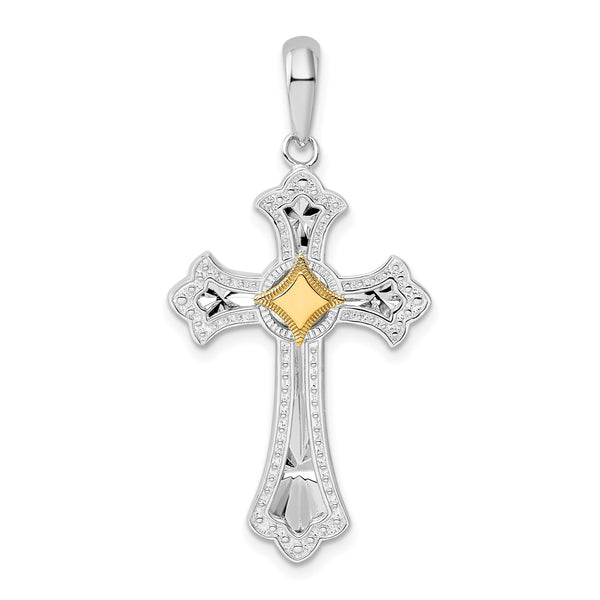 De-Ani Sterling Silver Rhodium-Plated Diamond-Cut Fleur de Lis Cross with 14k Accent Pendant