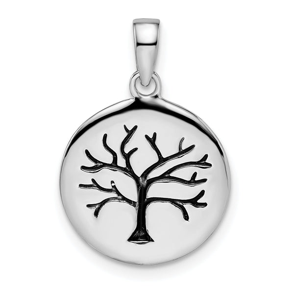 Sterling Silver Rhodium-plated Oxidized Circle Tree Pendant