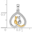 Sterling Silver RH-plated & Gold-plated CZ Heart w/Two Cats Pendant