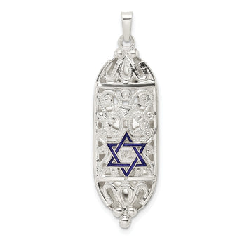 Sterling Silver Polished Solid Mezuzah w/Enameled Star of David Pendant