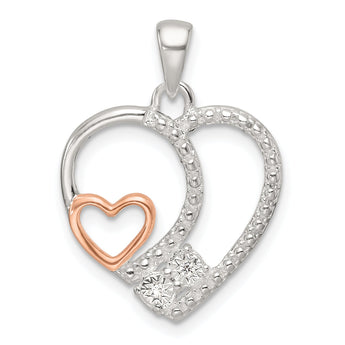 Sterling Silver Rose-tone Polished D/C CZ Open Heart Pendant