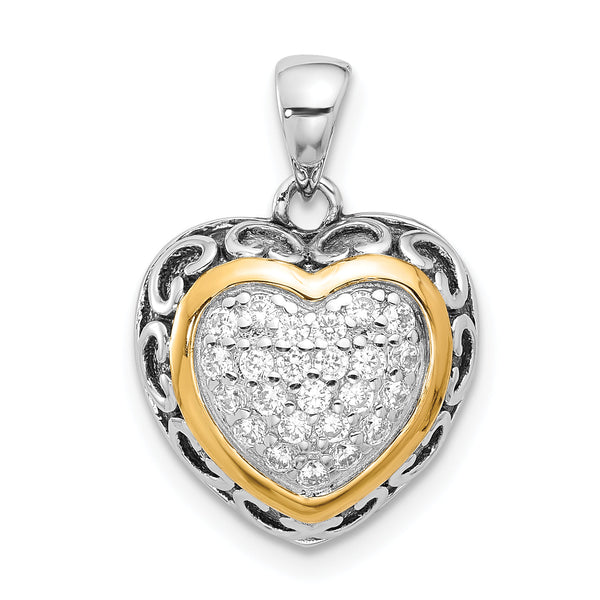 Sterling Silver w/14k accent Rh-plated CZ Cluster Oxidized Heart Pendant