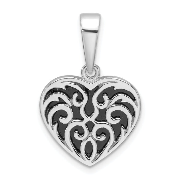 Sterling Silver Rhodium-plated Black Onyx Reversible Heart Pendant