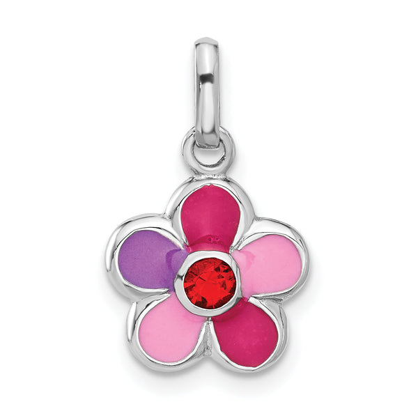 Sterling Silver Rhodium-plated Enameled Red Crystal Flower Charm Pendant