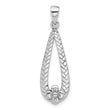 SS Rhod-Plated Polished Textured Teardrop w/Flower Dangle Pendant