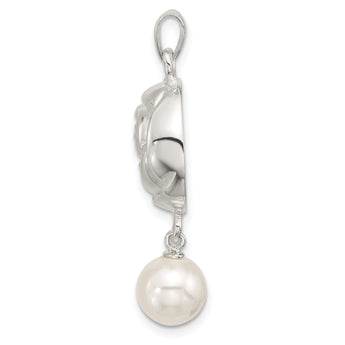 Sterling Silver Polished Textured Domed Flower with Dangle Pearl Pendant