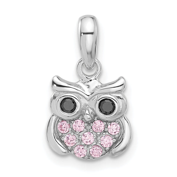 Sterling Silver Rhodium-plated Pink/Black CZ Owl Pendant
