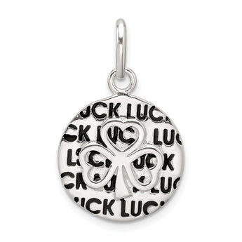 Sterling Silver Polished Enamel Luck with Clover Round Pendant