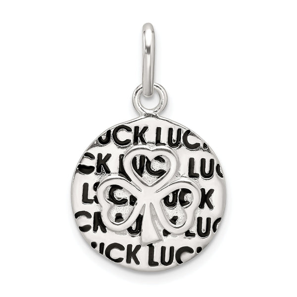 Sterling Silver Polished Enamel Luck with Clover Round Pendant