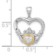 Sterling Silver w/ 14k accent Rhodium-plated CZ Heart Claddagh Pendant