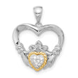 Sterling Silver w/ 14k accent Rhodium-plated CZ Heart Claddagh Pendant