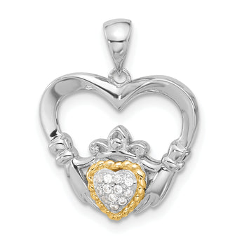 Sterling Silver w/ 14k accent Rhodium-plated CZ Heart Claddagh Pendant
