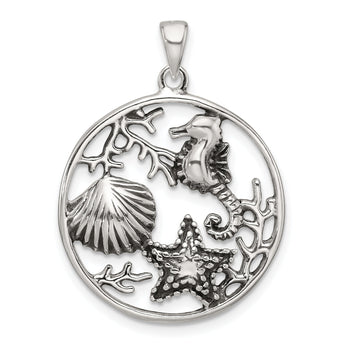 Sterling Silver Polished and Antiqued Sea Life Circle Pendant