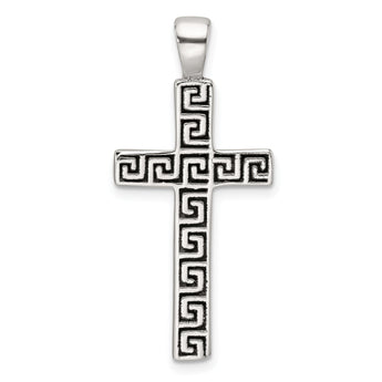 Sterling Silver Polished and Antiqued Greek Key Latin Cross Pendant