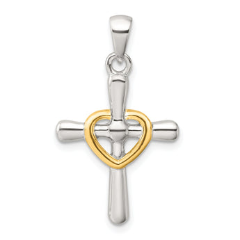 Sterling Silver Polished Gold-tone Cross with Open Heart Pendant
