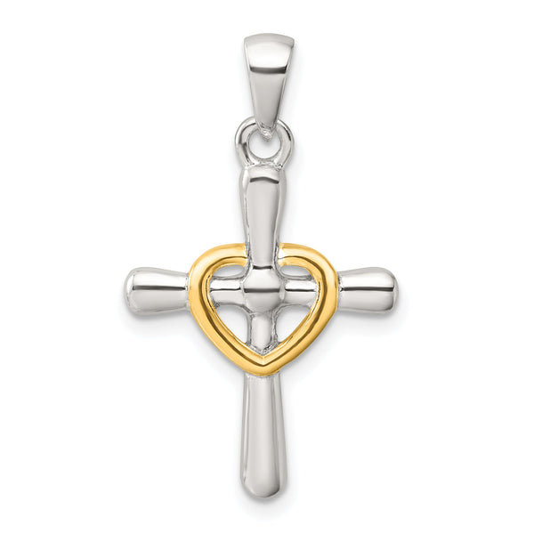 Sterling Silver Polished Gold-tone Cross with Open Heart Pendant