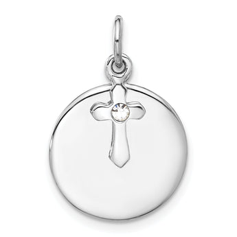 SS Rhodium-plated Circle Disk and Cross with Clear Crystal Pendant