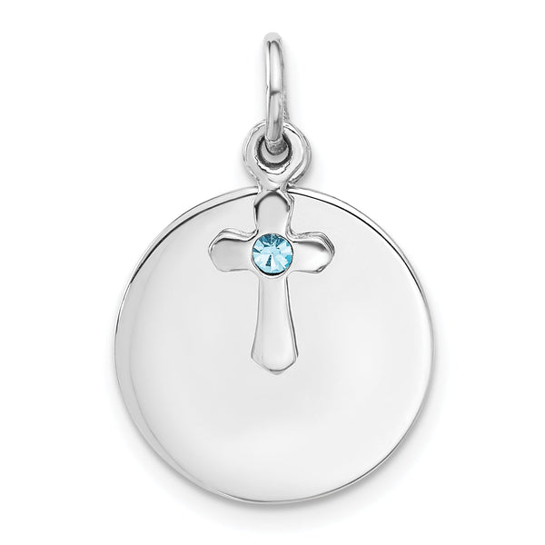 SS Rhodium-plated Circle Disk and Cross with Blue Crystal Pendant