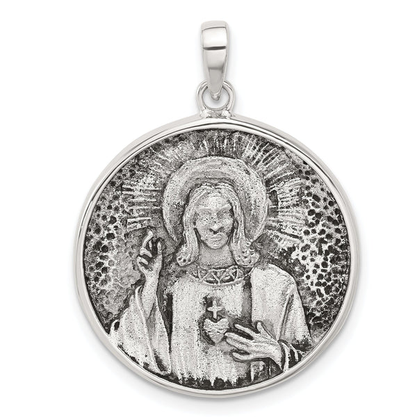 Sterling Silver Oxidized Sacred Heart of Jesus Reversible Medal Pendant